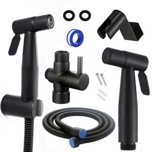 Alovez - Douchette Wc Kit Complet - Kit Douchette Wc avec Vanne 3 Voies (1/2'-3/8') i Tailles Standards France (noir)