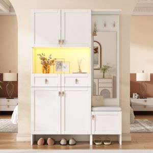 Ensemble meuble d'entr&eacute;e 120x180 cm, avec porte-manteau, banc rembourr&eacute;e et meuble &agrave; chaussures, 3 crochets, 5 portes, 2 tiroirs et miroir, meubles