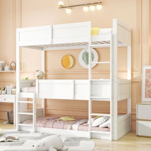 Redom - Lit triple 90200 cm, lattes en bois massif, lit mezzanine, design cl&ocirc;ture haute, lit enfant, lit en bois, blanc