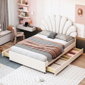 Lit rembourr&eacute; 140 x 200 cm, cadre de lit avec t&ecirc;te de lit en forme de fleur et sommier &agrave; lattes, avec rangements, lit d'adolescent, lit adulte, lit