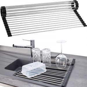 Shining House - Egouttoir Vaisselle Pliable inox Plastique Noir 37cm, Egoutoire Rangement Cuisine Porte Assiettes,Adaptable sur Evier,Anti-Dérapant