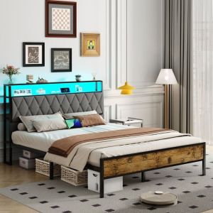 Lit 140x190 cm en tissu gris, lit coffre avec sommier, éclairage led, ports usb, lit adulte design moderne,espace de rangement, facile à monter, gris