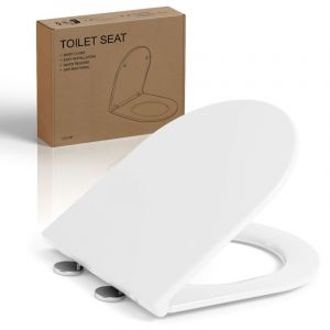 Abattant WC AquaWise Forme D AquaWise - R&eacute;sine de Haute Qualit&eacute; Effet C&eacute;ramique - Abattant D&eacute;clipsable 1 Bouton - Charni&egrave;res Inox Fixation Top - Blanc