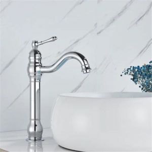 Robinet de lavabo mont&eacute; sur le pont en cuivre antique &agrave; poign&eacute;e unique pour salle de bain, robinet mitigeur &agrave; long bec pour &eacute;vier, robinet d'&eacute;vier