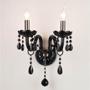 Applique murale d'int&eacute;rieur classique &agrave; en nickel noir brillant m&eacute;tallique avec gouttes de cristal noir pour t&ecirc;te de lit de couloir de chambre &agrave;