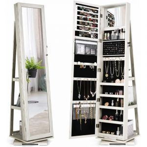 Costway - Armoire à Bijoux Pivotante à 360 Degrés, Organisateur de Bijoux sur Pieds, avec Grand Miroir Psyché et Etagère de Rangement à L'Arrière,