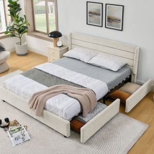 Lit adulte double 160x200 cm lit avec tiroir, 4 tiroirs de rangement, sommier &agrave; lattes tapiss&eacute;, chenille, sans matelas, beige