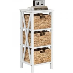 Goplus - Commode avec 3 Tiroirs 36x30x80CM-Paniers en Jonc de Mer Amovible-Cadre en Bois d'Hévéa Blanc