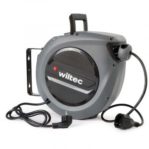 Wiltec - Enrouleur de câble – Longueur de 20 m + 2 m – Pour fixation murale – Crochet pivtotant 180° – Protection thermique – Dérouleur électrique