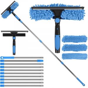 4.5M Raclette &agrave; Vitre avec Manche T&eacute;lescopique, 3-en-1 Kit de Nettoyage Vitre Professionnelle avec Raclette en Silicone & Brosse en Microfibres pour