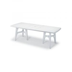 Table de jardin extensible en r&eacute;sine blanche 220x95 cm &ndash; R&eacute;sistante aux intemp&eacute;ries et moisissures &ndash; Id&eacute;ale pour repas en ext&eacute;rieur &ndash; Scab