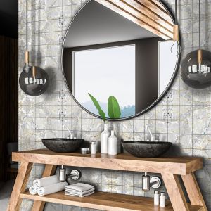 Ambiance-sticker - Sticker Mural Carrelage adhésif Cuisine Salle de Bain - 60 stickers carreaux de ciment effet marbre gris et doré