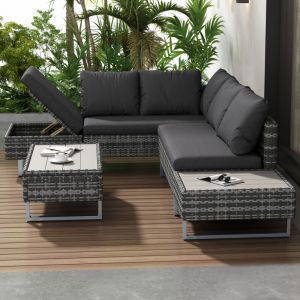 Salon de Jardin pour 4-5 Places - Canap&eacute; d'angle+Table & Coussins - Canap&eacute; Lounge en Poly Rotin avec Espace de Rangement,Gris