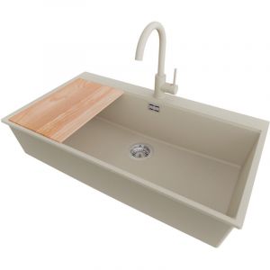 PRIMAGRAN Evier Cuisine en Granit 88x50cm,Lavabo 1 bac + Robinet 32x20cm + Kit de Vidage + Planche &agrave; D&eacute;couper, &Eacute;vier &agrave; Encastrer au meuble 90cm