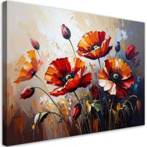 Tableau d&eacute;co Coquelicots rouges sur fond beige effet peinture 60x40