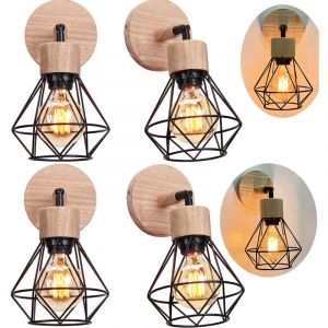 Axhup - Applique Murale en Bois E27 Lampe Murale Vintage Industrielle Cage en M&eacute;tal E27 40W Noir - 4PCS