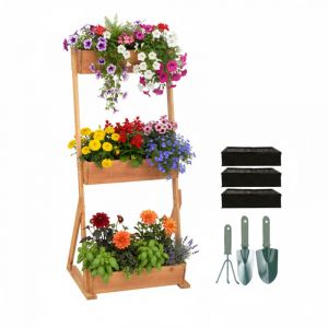Relaxdays Potager vertical bois HxLxP:140x60x50 cm, 3 bacs sur&eacute;lev&eacute;s, balcon/terrasse, g&eacute;otextile & accessoires naturel