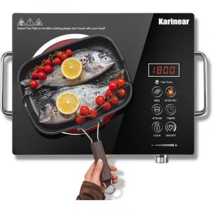 Karinear - Plaque Vitrocéramique 1 Feu Portable avec Poignée, Plaque Electrique Camping, 650℃ Max, Plaque de Cuisson 1 Feu with Prise vde, Sécurité