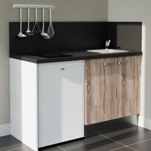 Kitchenette K17L-PT - 140 cm avec plan de travail et &eacute;vier - Fa&ccedil;ade Bois - Plan Noir - Evier Inox - Cr&eacute;dences Oui