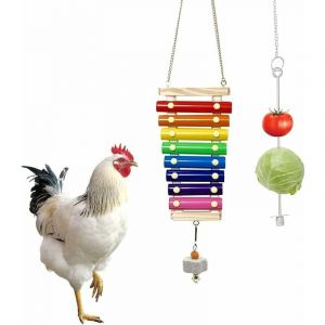 Jouet de poulet 2 pièces, jouet de poulet xylophone avec 8 clés en métal et meule, support de nourriture pour poulet suspendu