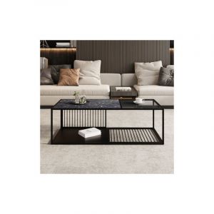 Table basse, table basse en fer forgé avec verre, grand espace de rangement