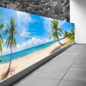 Lumaléa - Brise vue Trompe l'oeil - 80x300 cm - Plage mer palmiers - Recto Imprimé / Verso BlancBâche Pleine - 100% d'occultation