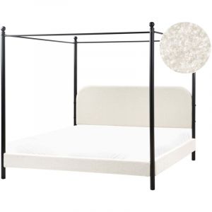 Lit &agrave; Baldaquin Minimaliste en Boucl&eacute; 180 x 200 cm Cadre M&eacute;tallique Noir Lattes Bois de Peuplier Blanc Dannemois