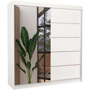 Armoire chambre adulte 2 portes coulissantes 1 blanche 1 miroir Olivia 200cm