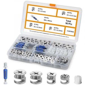 Vis Assemblage Meuble de Tailles Assorties [Lot de 90] - Ferrures d'Assemblage & Verrouillage 3-en-1 pour Meubles - Quincaillerie du Meuble pour