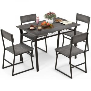 Costway - Table à Manger avec 4 Chaises, Ensemble Table et 4 Chaises, Cadre en Métal Noir, Table Cuisine Rectangulaire 110x70cm avec Étagère pour