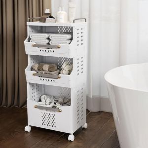 Chariot &agrave; linge multi-&eacute;tages, 3 compartiments, panier &agrave; linge sur roulettes, 41,6 x 29,7 x 88,8 cm, avec roulettes, charge maximale 25 kg, &agrave; sol,