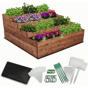 MODO24 Carr&eacute; potager sur&eacute;lev&eacute; en bois, 4 niveaux en cascade, 54x117x120 cm, jardin/terrasse, kit jardinier inclus, brun impr&eacute;gn&eacute;
