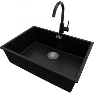 Primagran - Evier Cuisine en Granit 66x47 cm Lavabo 1 bac + Robinet + Siphon Classique, Évier sous plan de Noir - black