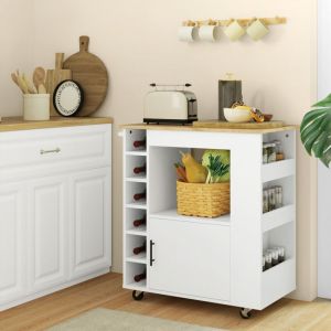 Desserte de cuisine Modfu roulettes, avec porte-bouteilles et 1 porte, contreplaqué, blanc et naturel