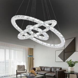 96W led Plafonnier Dimmable Design cristal Moderne Créatif Lustre Réglable en Hauteur Pendentif lampe Trois Anneaux Salle à Manger Chambre Salon,