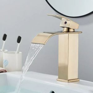 Robinet Lavabo doré Cascade,Robinet Salle Bain Cascade avec bec Hauteur 19 cm Mitigeur Lavabo Cascade Chaude et Froide Réglable Mitigeur Salle Bain