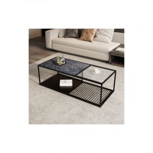 Okwish - Table basse carrée noire, table de salon en fer forgé avec verre, 110x48x35 cm