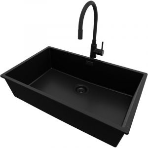 PRIMAGRAN Evier Cuisine en Granit 76x47cm, Lavabo 1 bac + Robinet 40x38cm + Kit de Vidage, Évier à Encastrer au meuble 80cm - London Slim, Tout Noir