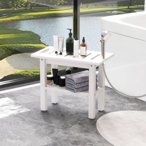 Banc de Douche pour Douche Int&eacute;rieure Tabouret de Bain en HDPE &Eacute;tanche avec Support de Douche Poign&eacute;e &Eacute;tag&egrave;re de Rangement 150 kg Blanc