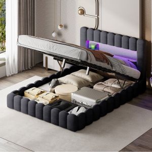 Lit double 160x200 cm avec rangements ,T&ecirc;te de lit capitonn&eacute; LED et port USB en lin gris ,M&eacute;canisme hydraulique, Cadre &agrave; lattes pour adulte ado