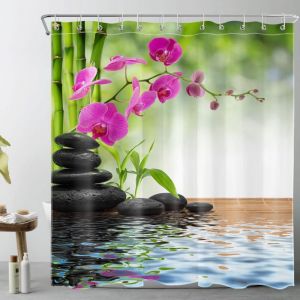 Rideau de Douche Imperméable Rideaux de Douche Tissu Polyester Pierres Noir Fleur Orchidée - 90x180CM