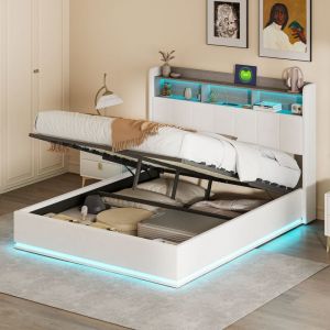 Lit coffre 160x200,lit 160x200,lit 160x200 sommier,lit double capitonné,lit adult,avec compartiment de rangement de chevet,USB et LED,velours,Blanc