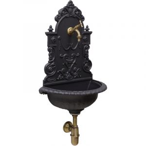 Fonderia Bongiovanni - Fontaine murale Granada en fonte grise pour jardin potager avec robinet et siphon en laiton bruni