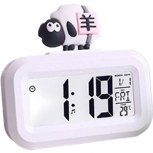 Jeffergarden Horloge &eacute;lectronique mignon dessin anim&eacute; &eacute;cran LED bureau alarme &eacute;lectronique donn&eacute;es temps calendrier temp&eacute;rature horloge mouton blanc
