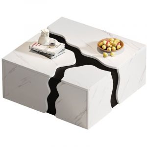 Table basse fixe design cube avec tiroir - Placage marbre unique - Table d'appoint salon - Jeux rangement 70x70x31cm