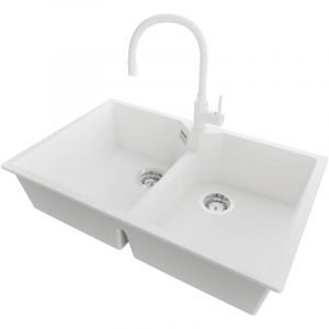PRIMAGRAN Evier Cuisine en Granit 78x50cm,Lavabo 2 bacs + Robinet 38x14cm + Kit de Vidage, Évier à Encastrer au meuble 80cm - Madrid Twin, Blanc