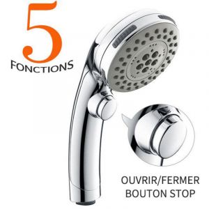 Pommeau de Douche Chrom&eacute; avec Bouton Stop Douchette &agrave; Main 5 Jets au Choix Pomme de Douche Picots Anticalaire Type Universel