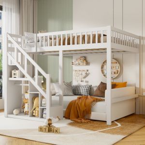 Lit superposé enfant 140x200, lit mezzanine 2 places,lit mezzanine avec casiers d'escalier,lit jeune,garde-corps antichute,bois massif,Blanc