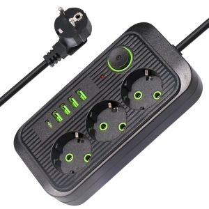 Multiprises 3 Prises, Multiprise avec Interrupteur, 4 Port USB A et 1 Port USB C, Bloc Multiprise Parafoudre et Surtension, C&acirc;ble 2M, 10A 2500W, pour