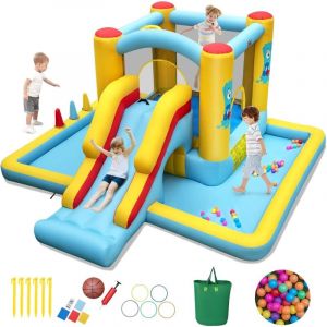 Costway - 7 en 1 Château Gonflable avec Toboggan & Maison de Saut, Aire de Jeux Gonflable avec Piscine à Balles & Panier de Basketball, 50 Balles